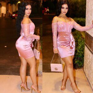 Daniela Off Shoulder Ruffled Satin Long Sleeve Lace Bodycon Mini Dress